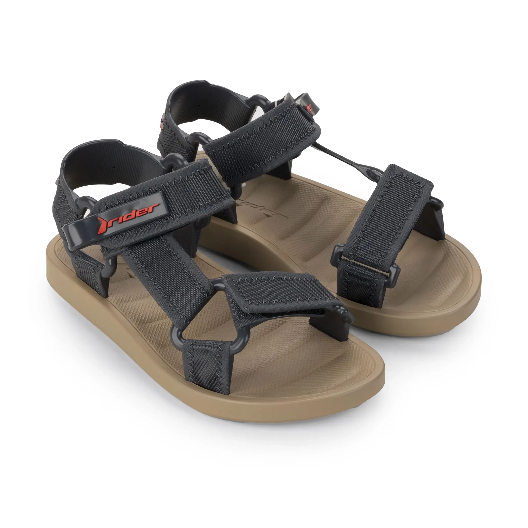 Par de papetes infantis masculinas Rider bege com tiras em velcro cinza e logo vermelho, vista superior frontal